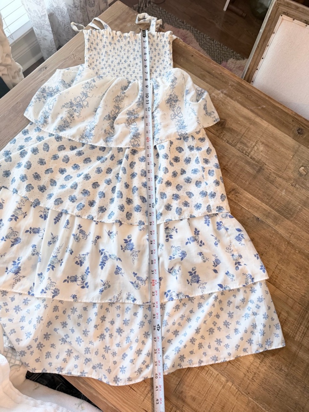 Crystal Doll Blue Floral Mixed Media Dress. Tiered | Fairy | Ecru & Blue Sz-S - Picture 9 of 9